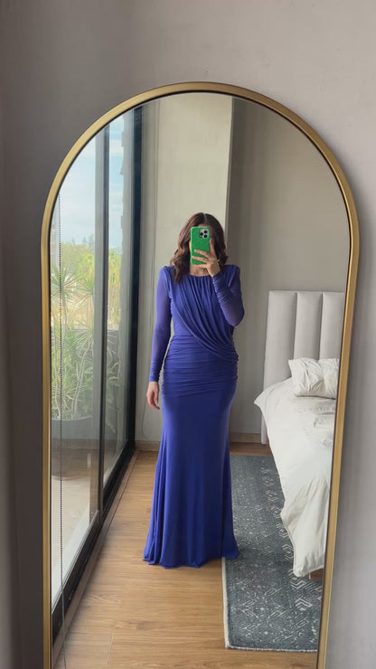 Vestido maxi mangas drapeado azul