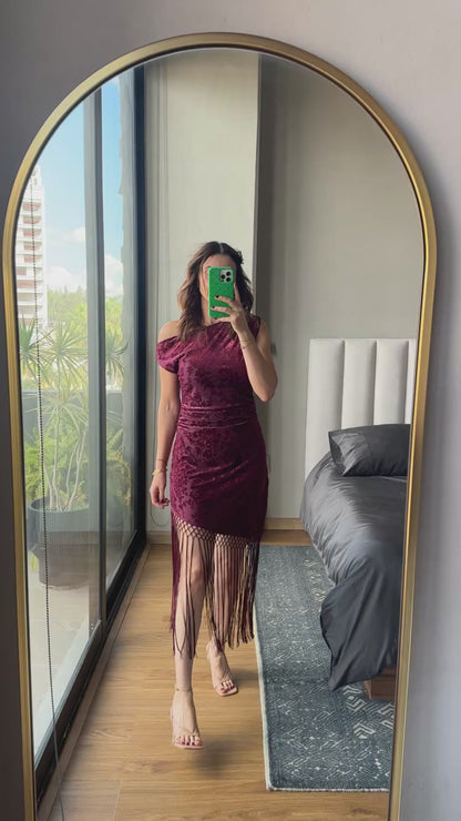 Vestido flores velvet y tiras tinto