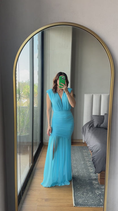 Vestido maxi escote y abierta lateral mesh azul