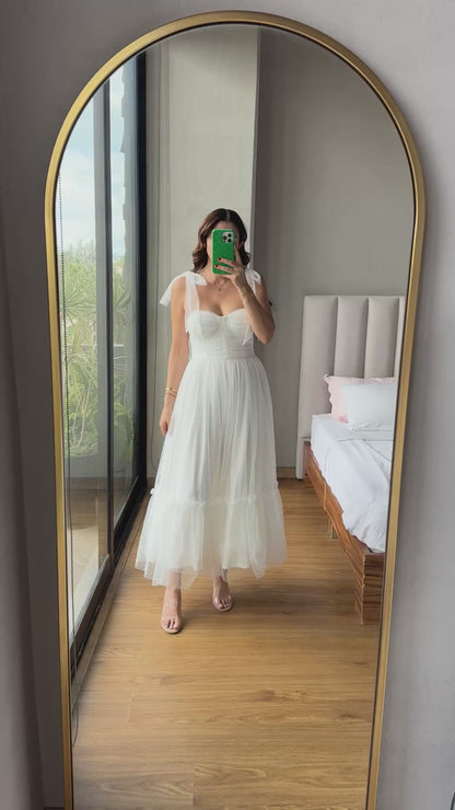 Vestido maxi tul lunares blanco