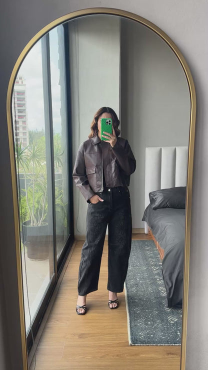 Chamarra cierre faux leather café