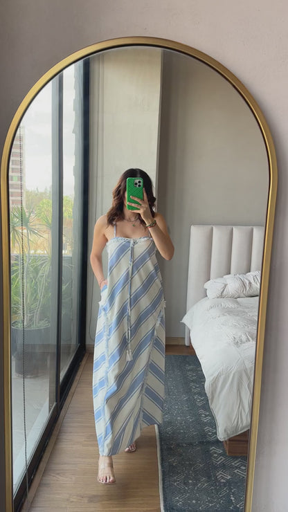 Vestido maxi tirantes líneas azules