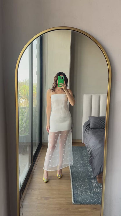Vestido maxi lunares transparencia crema