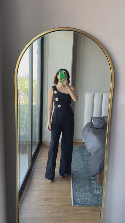 Jumpsuit one shoulder detalle botones negro