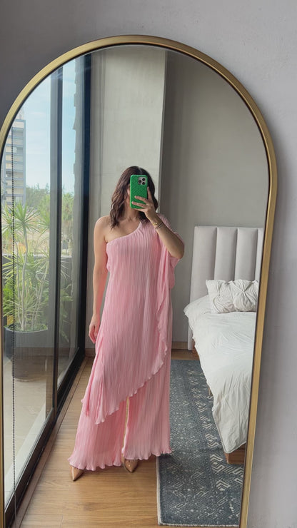 Set blusa one shoulder y pantalón plaid rosa