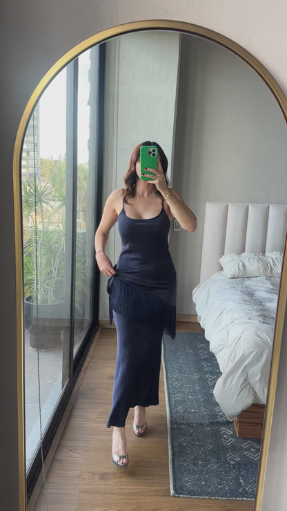 Vestido satín tirantes con detalle fringe navy