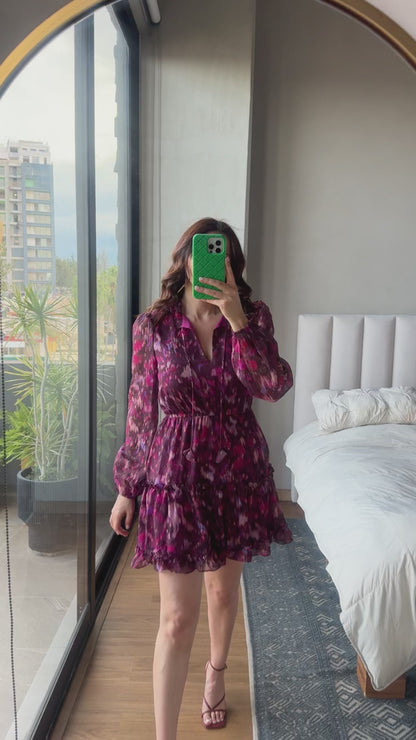 Vestido print manga larga tonos tinto y rosa
