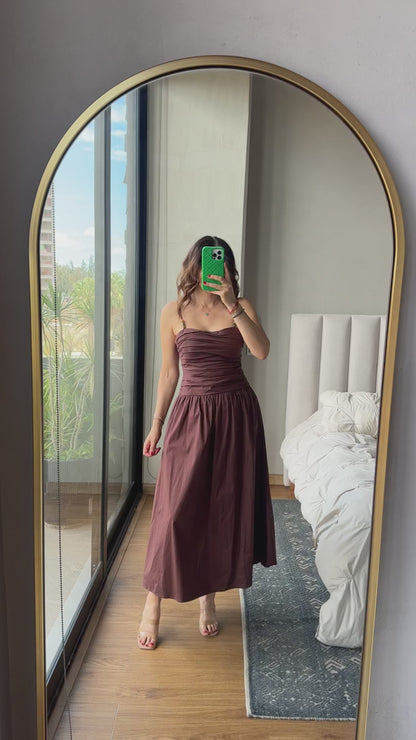 Vestido maxi tirantes café