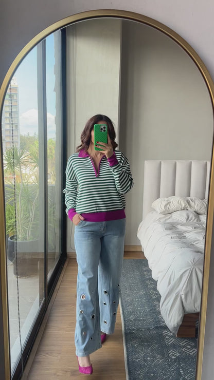 Blusa polo cierre rayas con cuello verde