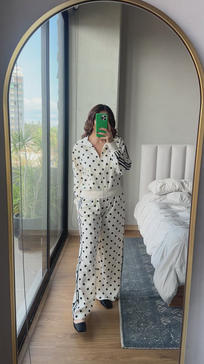 Set pants satín lunares crema